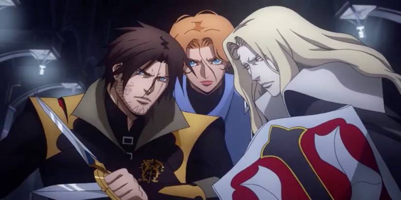 Alucard, Sypha, and Trevor from the Castlevania Anime stood together in a huddle.