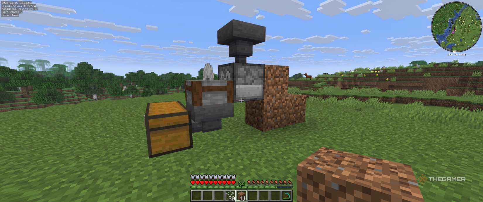 A chest, hopper, stonecutter and dispenser now has an extra hopper going into the dispenser in Minecraft.