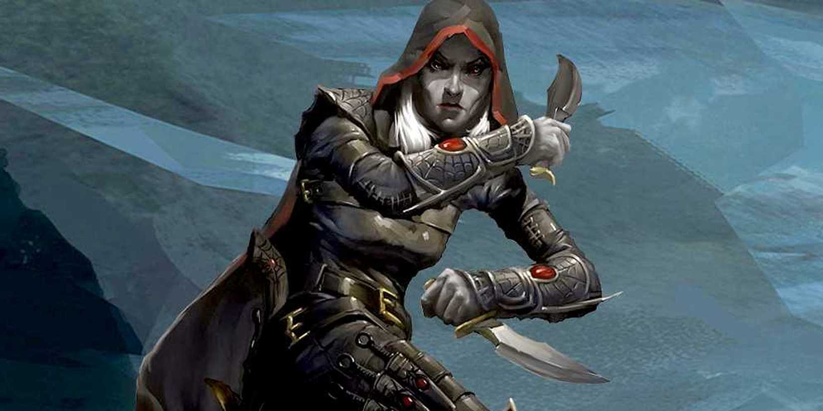 A dark elf rogue dual-wielding two daggers in Dungeons & Dragons. 