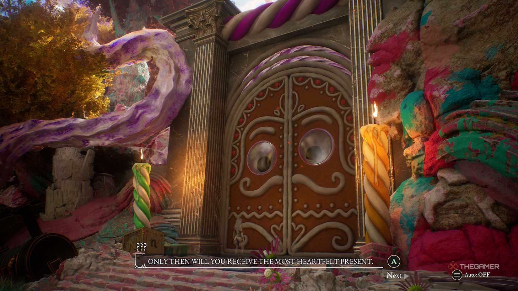 A Gingerbread door shouting about a heartfelt present in Clair Obscur: Expedition 33.