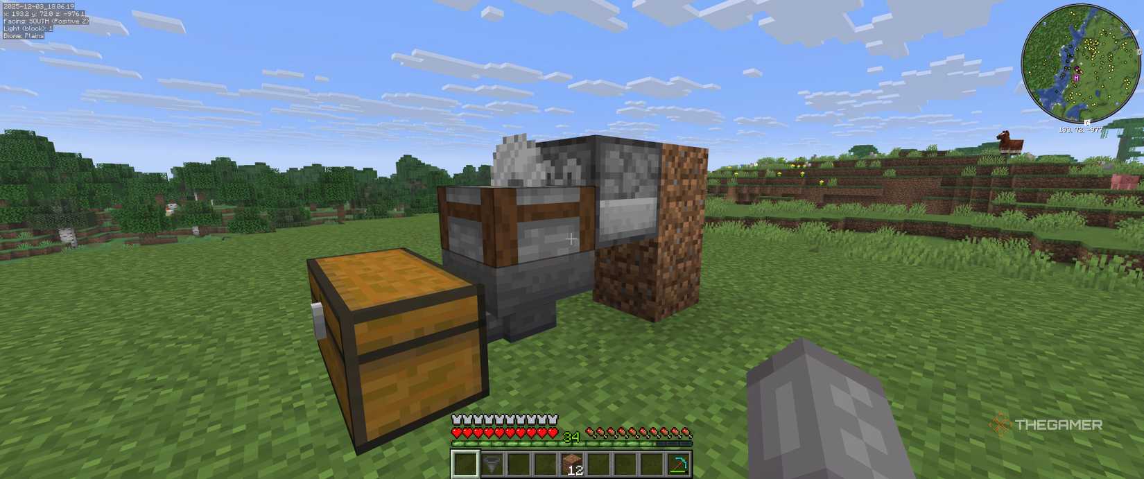 A Minecraft chest with a hopper behind it with a stonecutter on top. A dispenser is attached to two dirt blocks and facing the stonecutter.