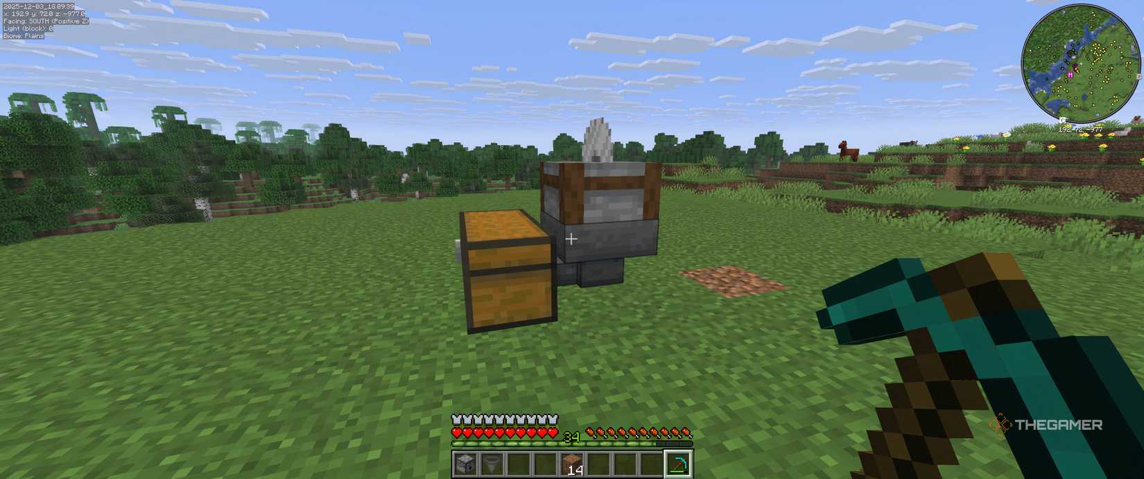 A Minecraft Chest with a hopper going into it. A stonecutter is on top of the hopper.