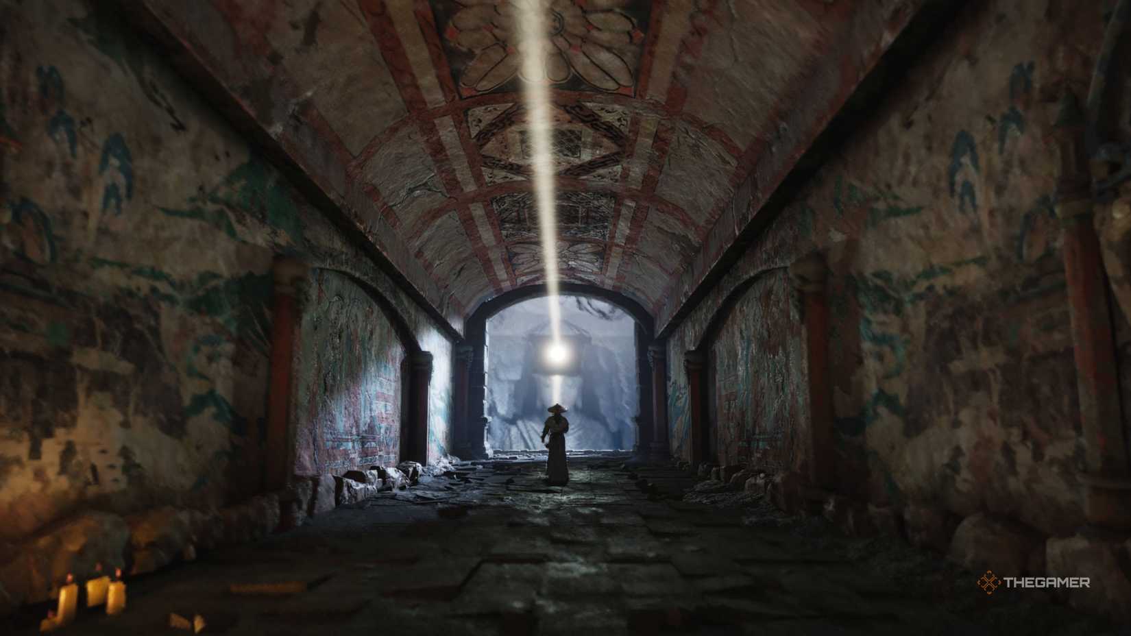 A painted hallway with a light shining down it in where winds meet.