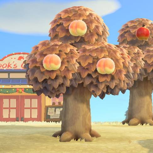 A peach tree in Animal Crossing New Horizons.