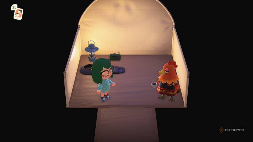 A player and a camper in Animal Crossing New Horizons.