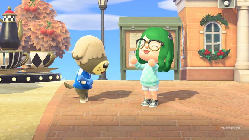 A player beside Shep in Animal Crossing New Horizons.