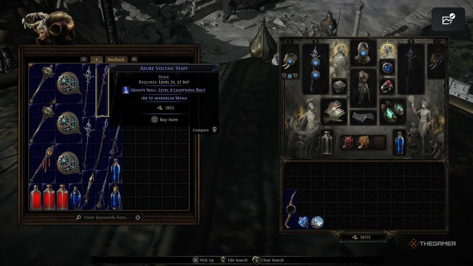 A staff that grant Lightning Bolt and extra max mana in Act Three of Path of Exile 2.