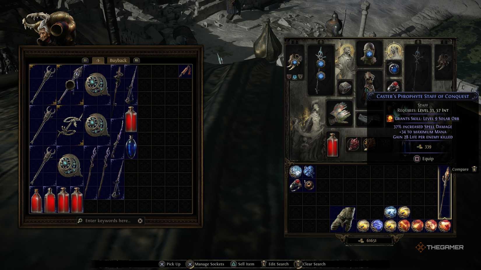 A staff that grants Solar Orb and tons of stat boosts for a bear druid in Act Three of Path of Exile 2.