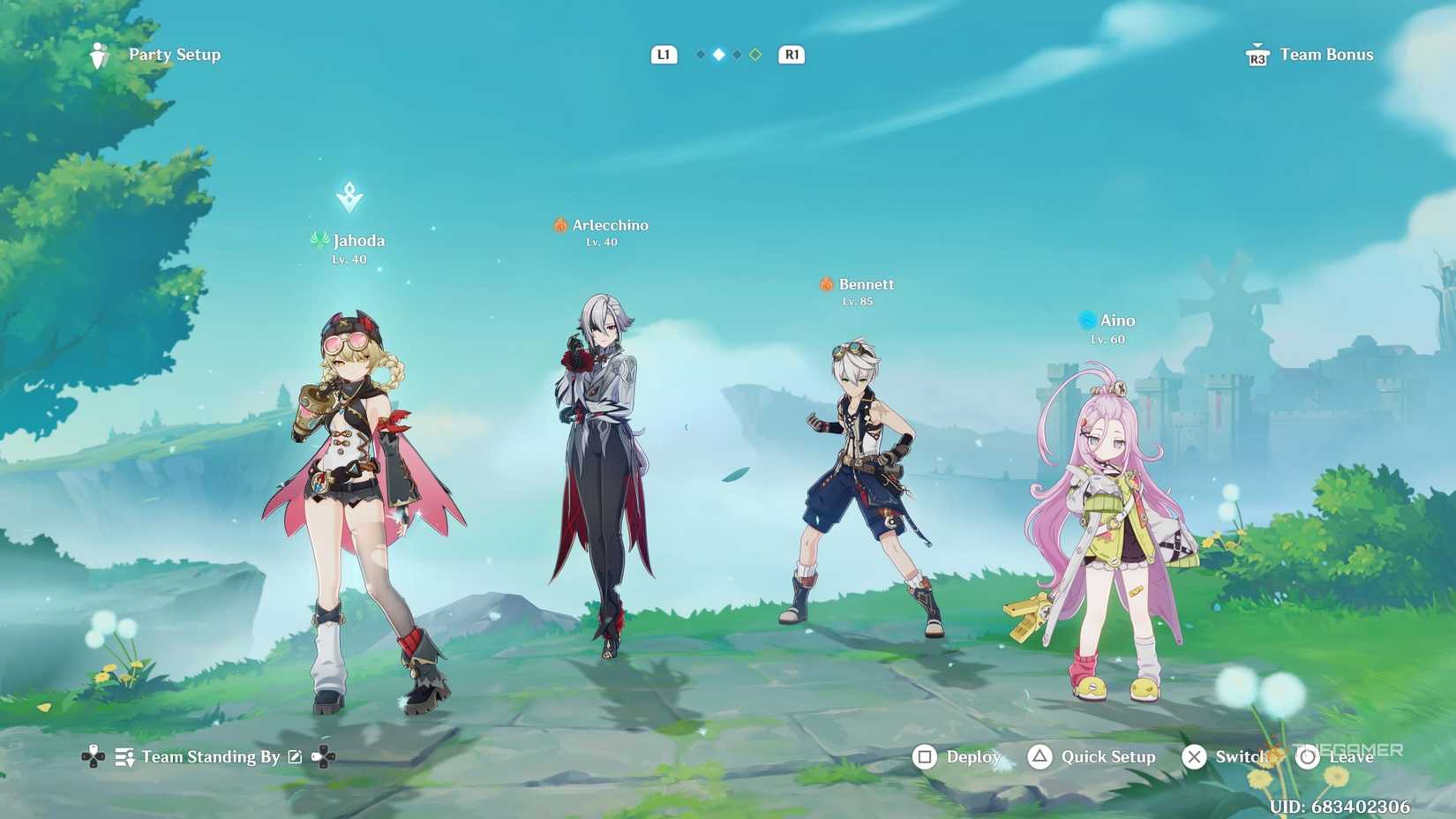 A team composed of Jahoda, Arlecchino, Bennett, and Aino in Genshin Impact.