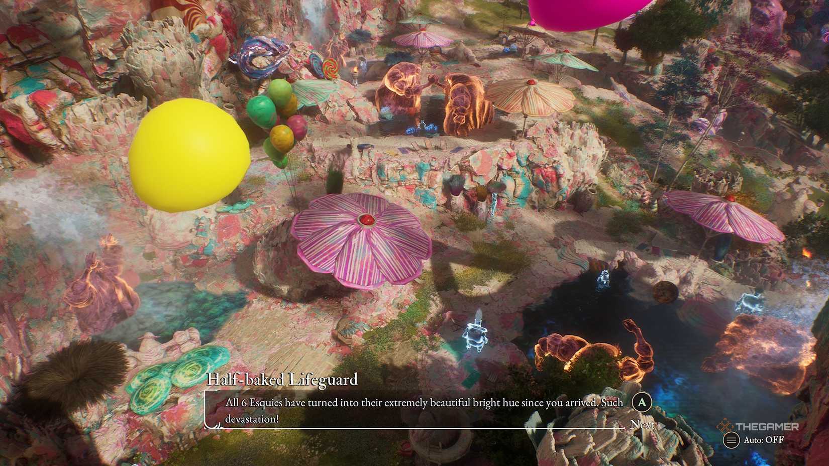 A view looking down at the baths with several red Esquies in Clair Obscur Expedition 33.