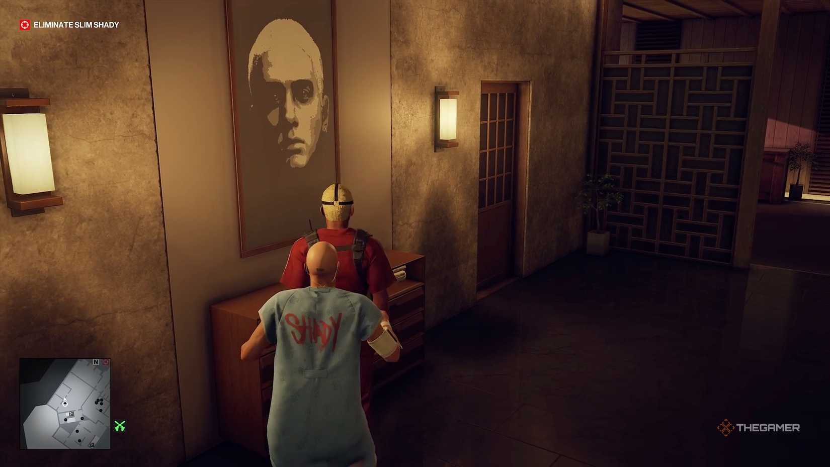 Agent 47 about to choke guard in Hitman World of Assassination.