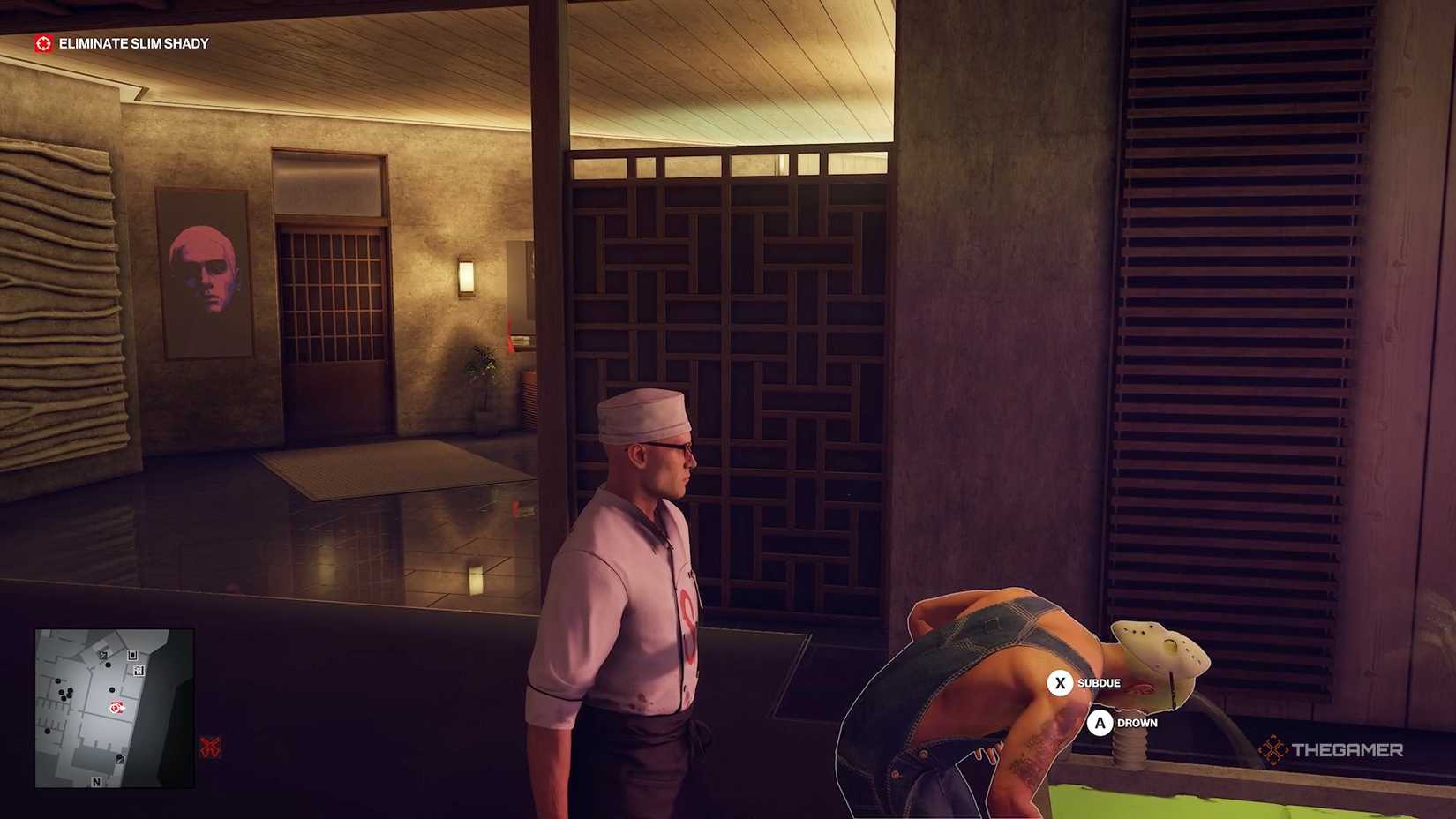 Agent 47 about to drown Slim Shady in in Hitman World of Assassination.