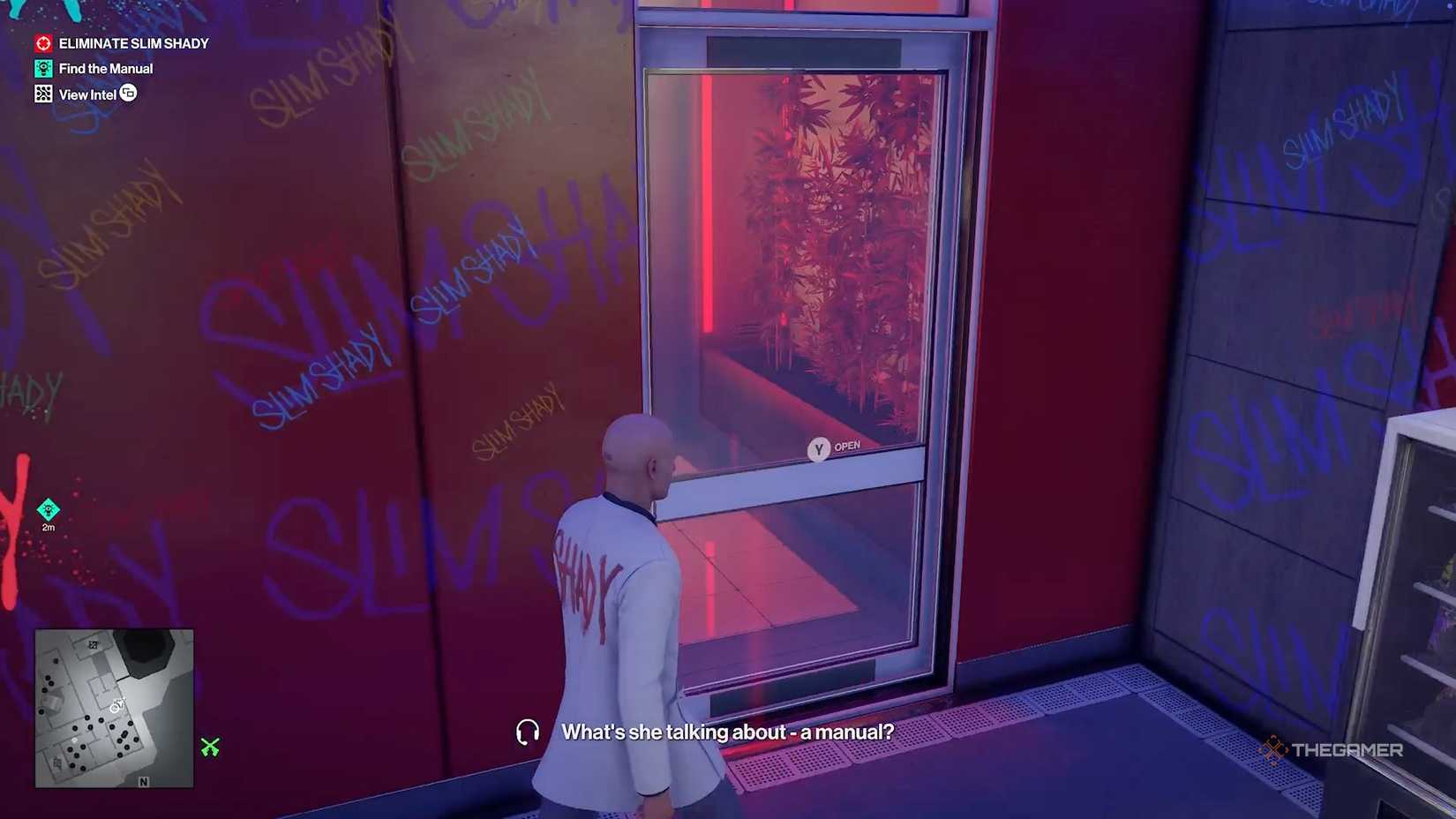 Agent 47 about to enter a bathroom in Hitman World of Assassination.