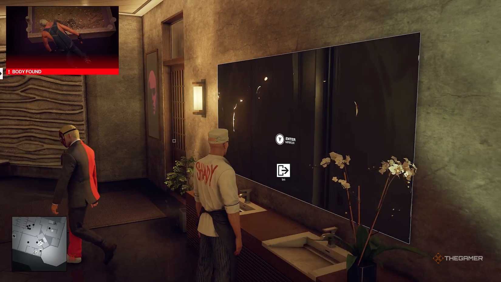 Agent 47 about to escape through a mirror in Hitman World of Assassination.