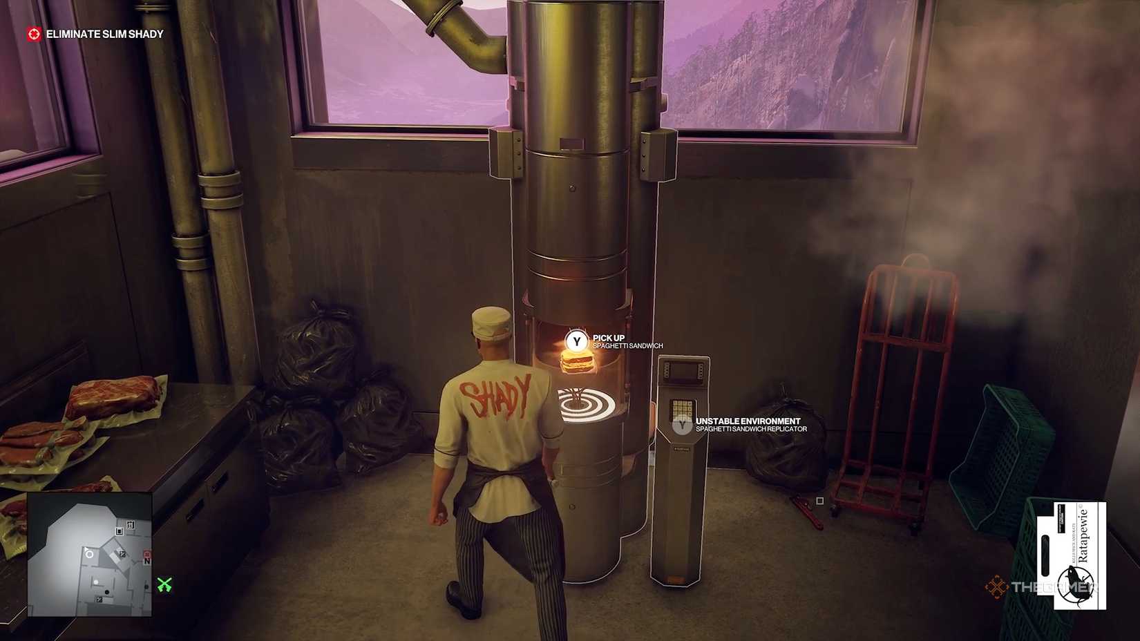 Agent 47 by the spaghetti sandwich in Hitman World of Assassination.