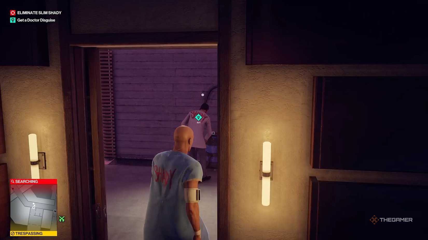 Agent 47 creeping up on a doctor who is turning off a vacuum in Hitman World of Assassination.