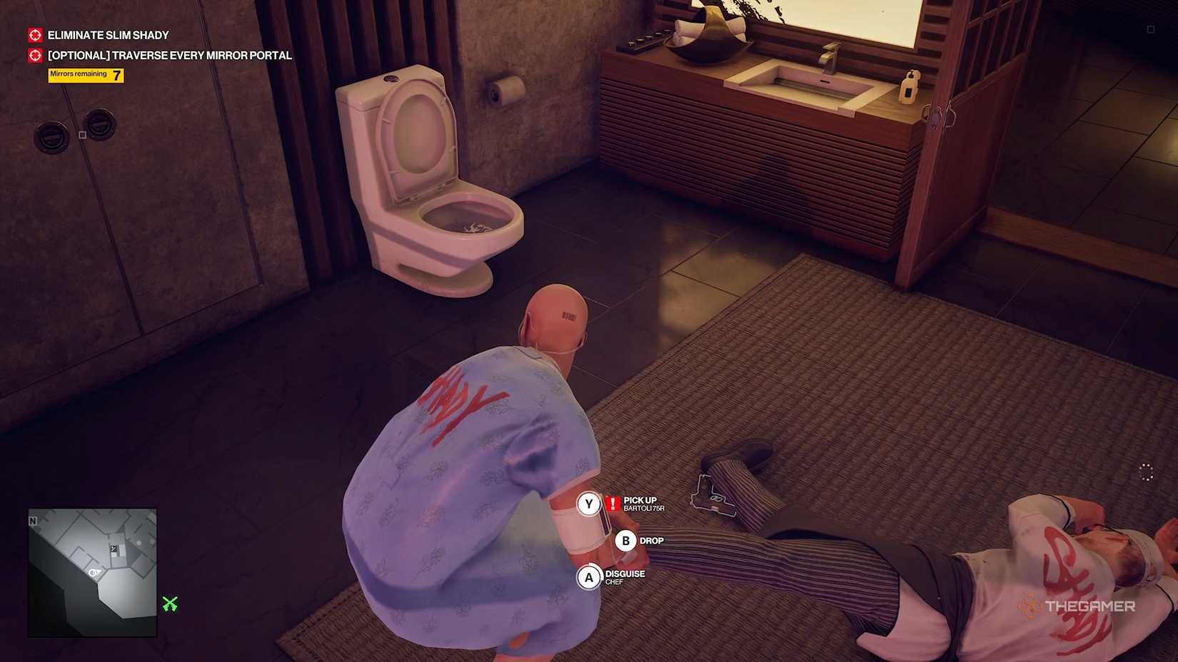 Agent 47 holding the leg of a chef in Hitman World of Assassination.