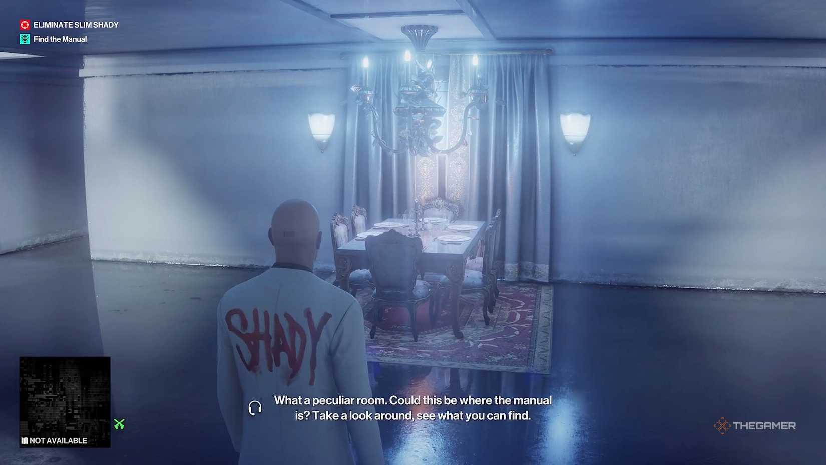 Agent 47 looking at a dining table in Hitman World of Assassination.