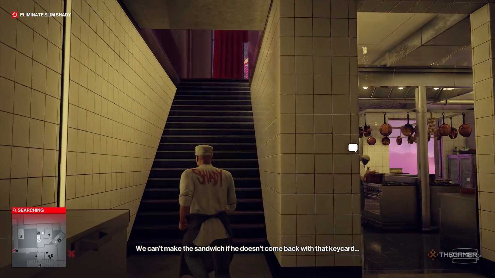 Agent 47 running up stairs in Hitman World of Assassination.