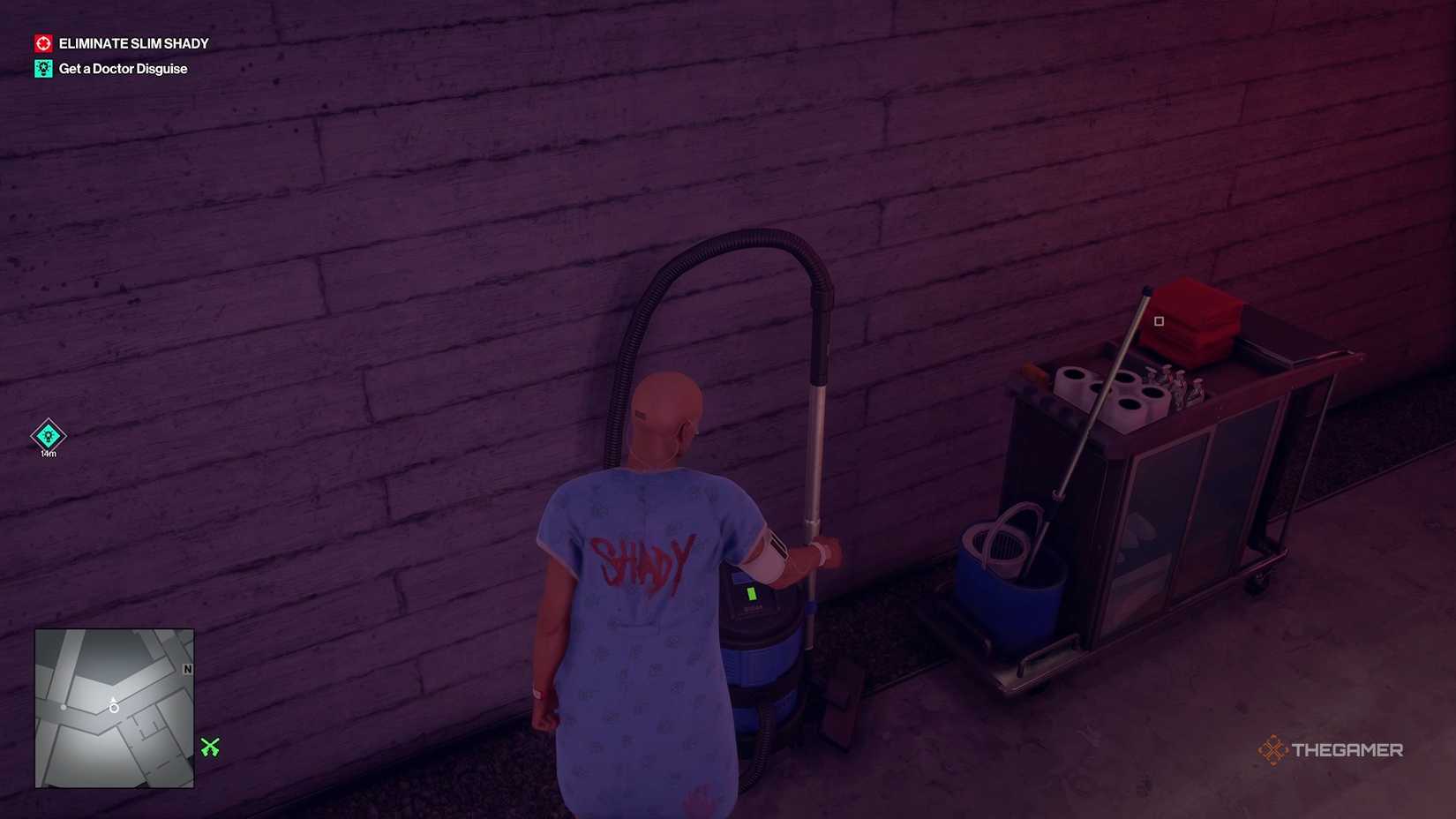 Agent 47 turning on the vacuum in Hitman World of Assassination.
