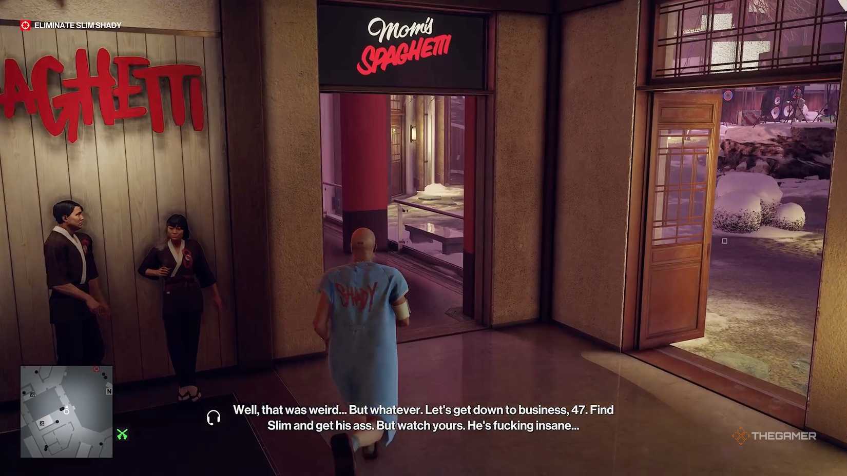 Agent 47 walking under a Mom's Spaghetti sign in Hitman World of Assassination.