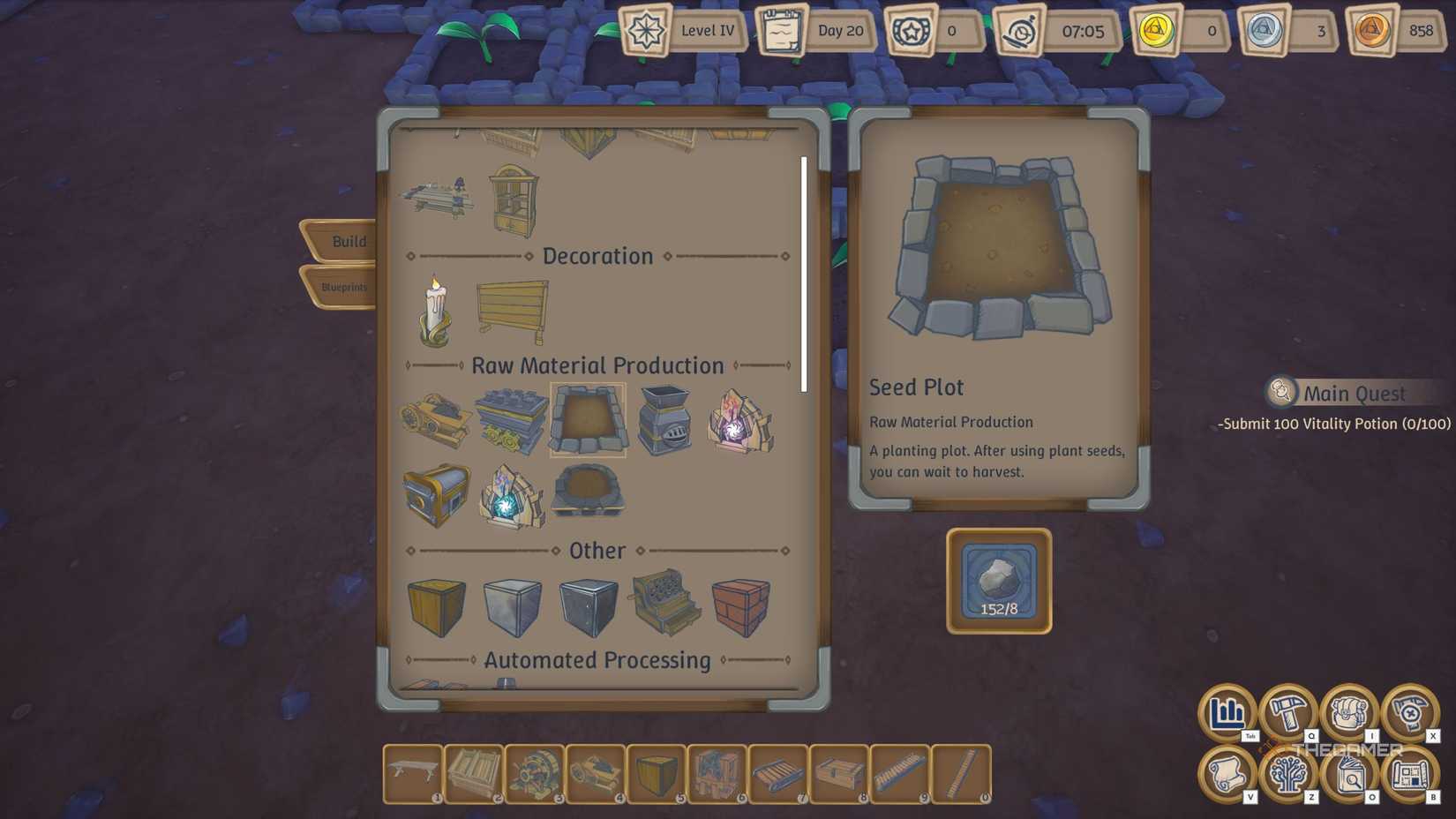 Alchemy Factory showing recipe for a seed plot.