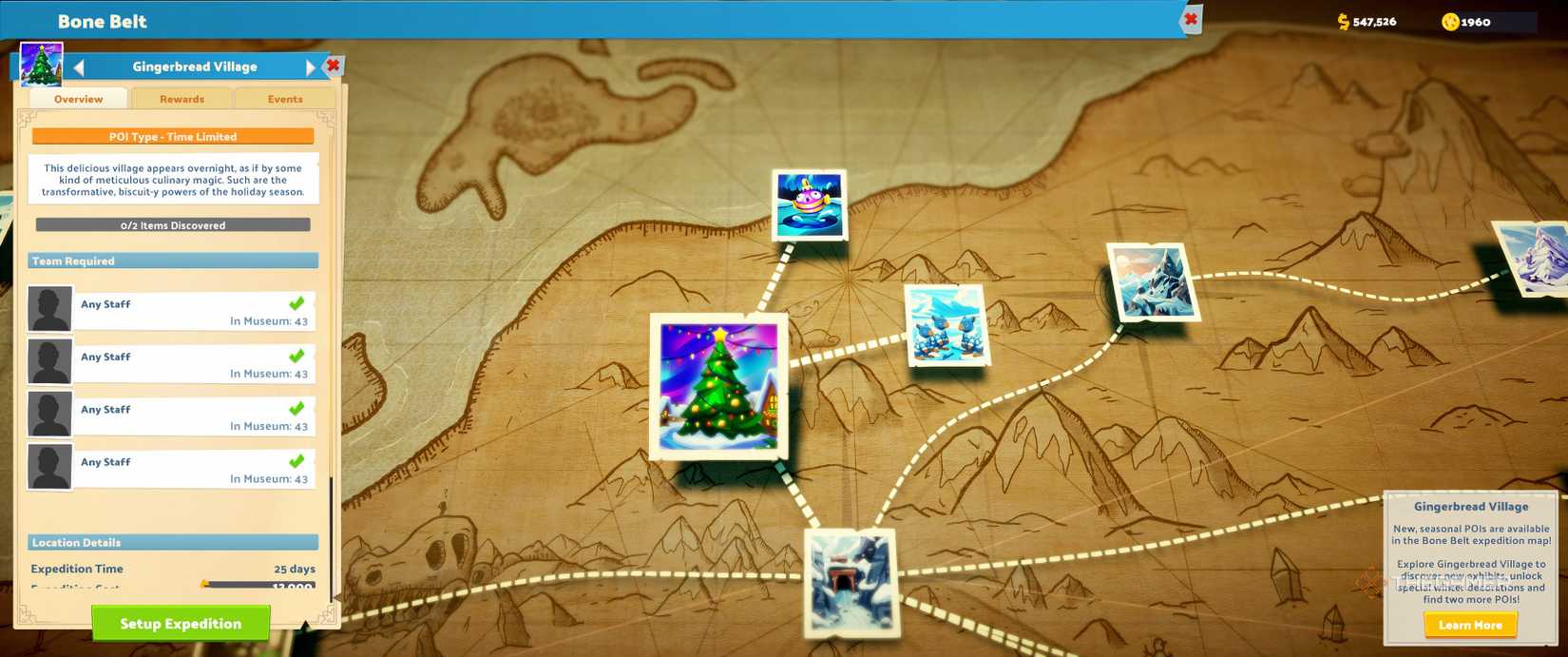 All POIs unlocked on map with the info for Gingerbread Village visible in Two Point Museum.