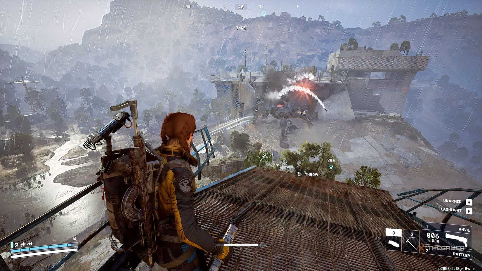 ARC Raiders launching grenades at the Matriarch in the rain.