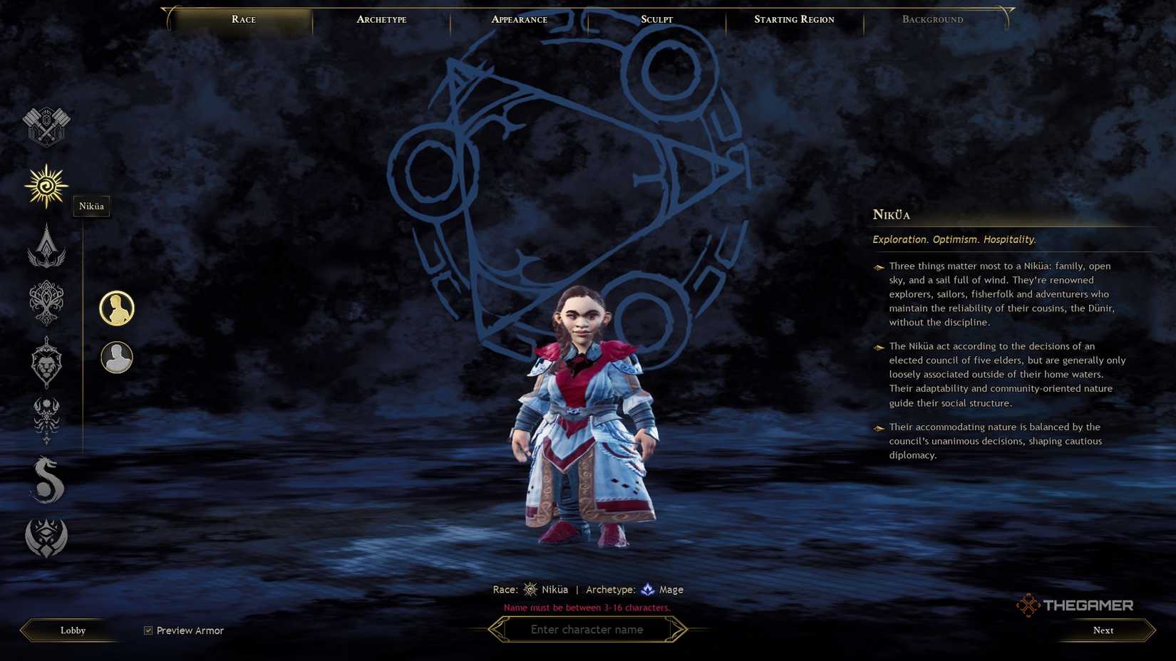 Ashes of Creation Nikua character creation race screen.