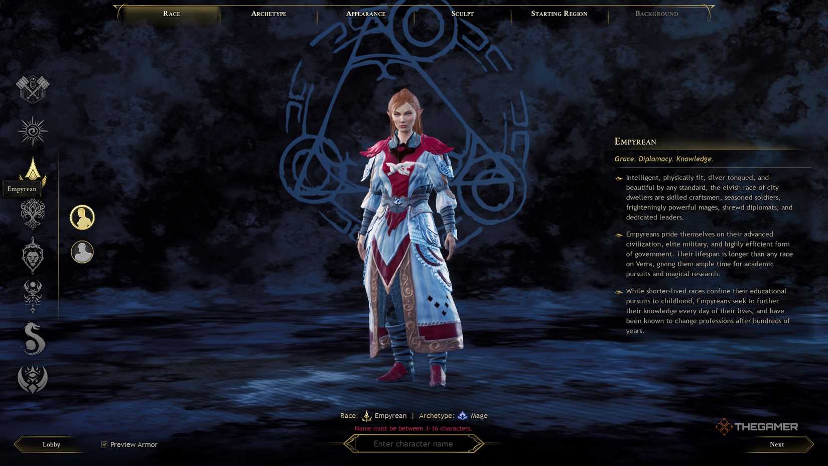 Ashes of Creation Empyreon character creation race screen.