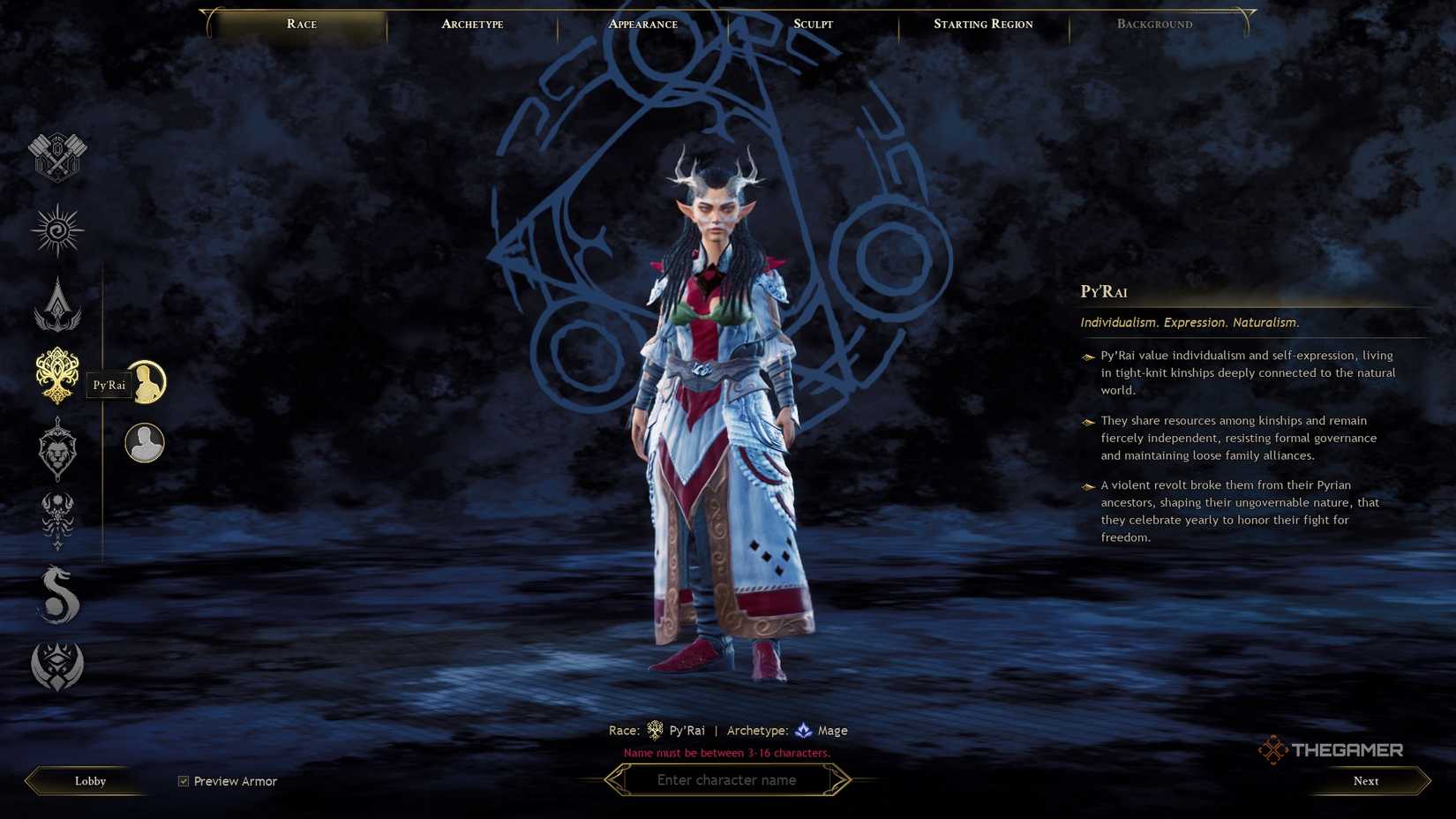 Ashes of Creation Py'Rai character creation race screen.