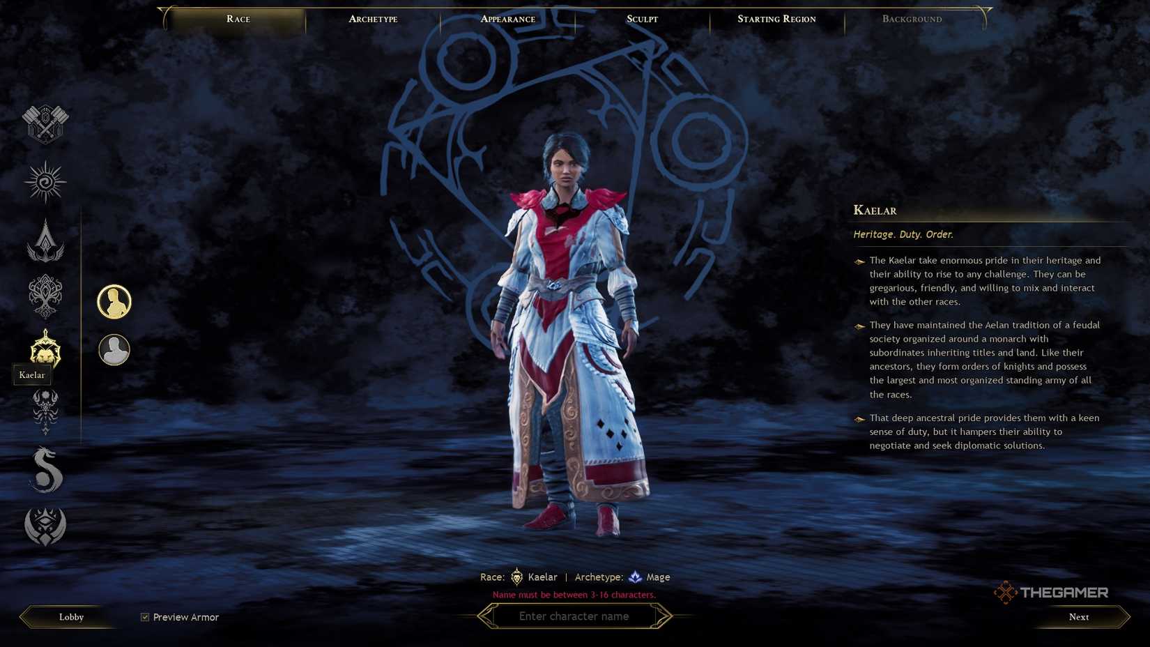 Ashes of Creation Kaelar race screen.