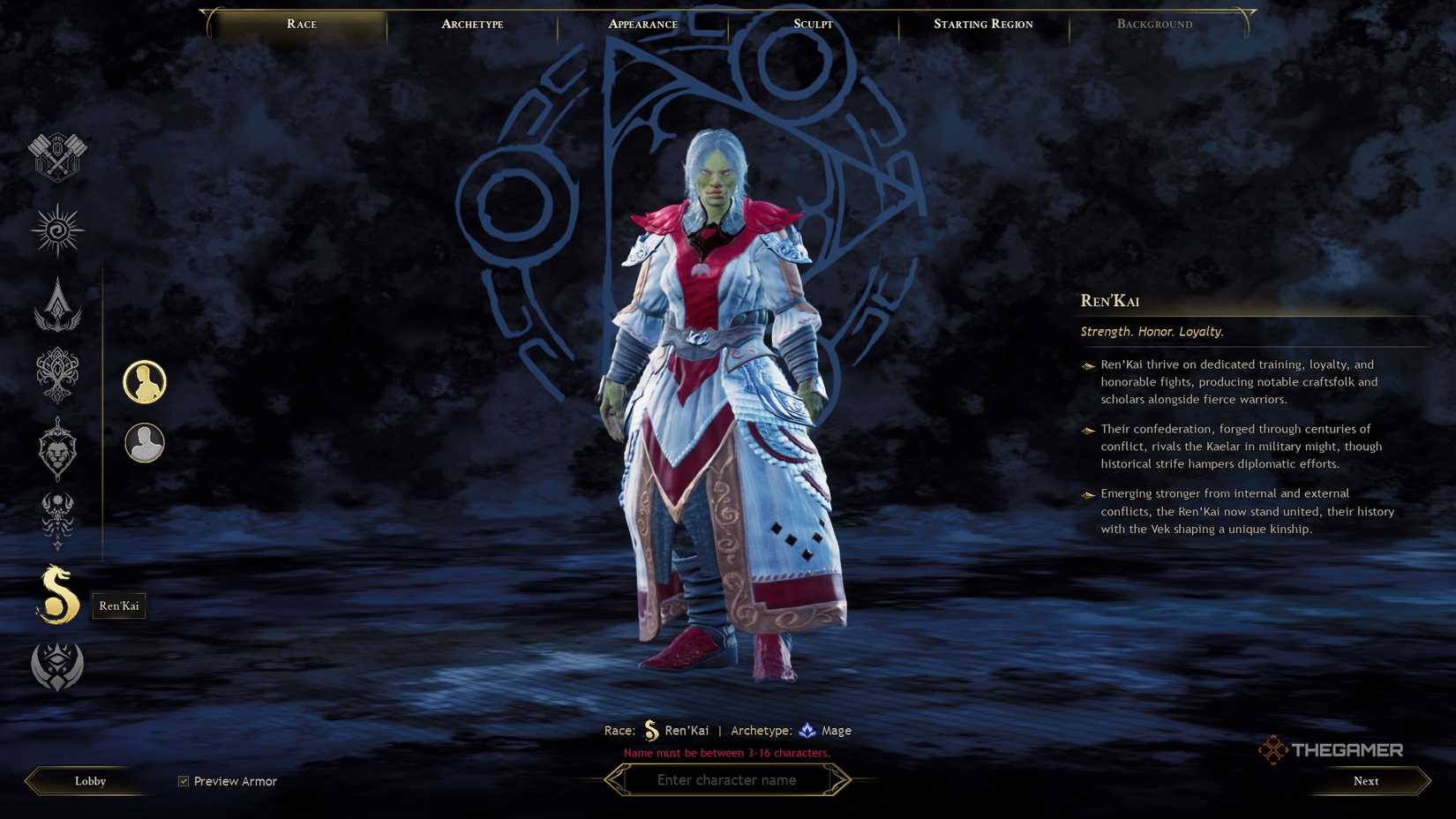 Ashes of Creation Vaelune race screen.