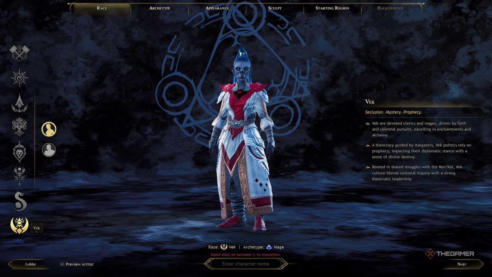 Ashes of Creation Vek race screen.