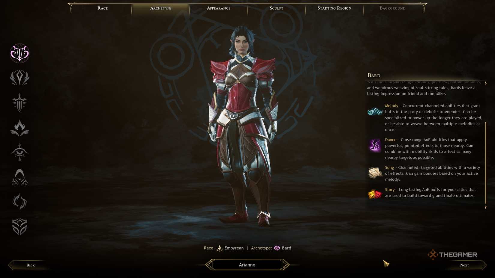 Ashes of Creation Character Creation bard menu.