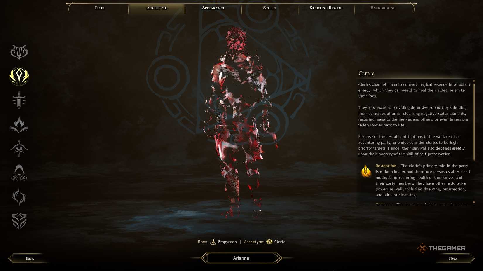 Ashes of Creation Character Creation cleric menu.