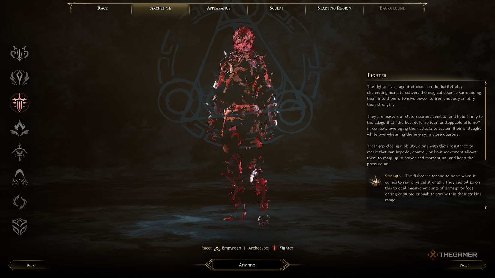 Ashes of Creation Character Creation Fighter menu.