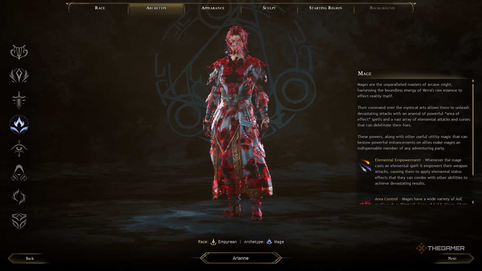 Ashes of Creation Character Creation Mage menu.