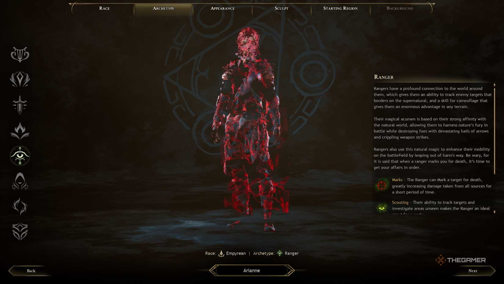 Ashes of Creation Character Creation ranger menu.