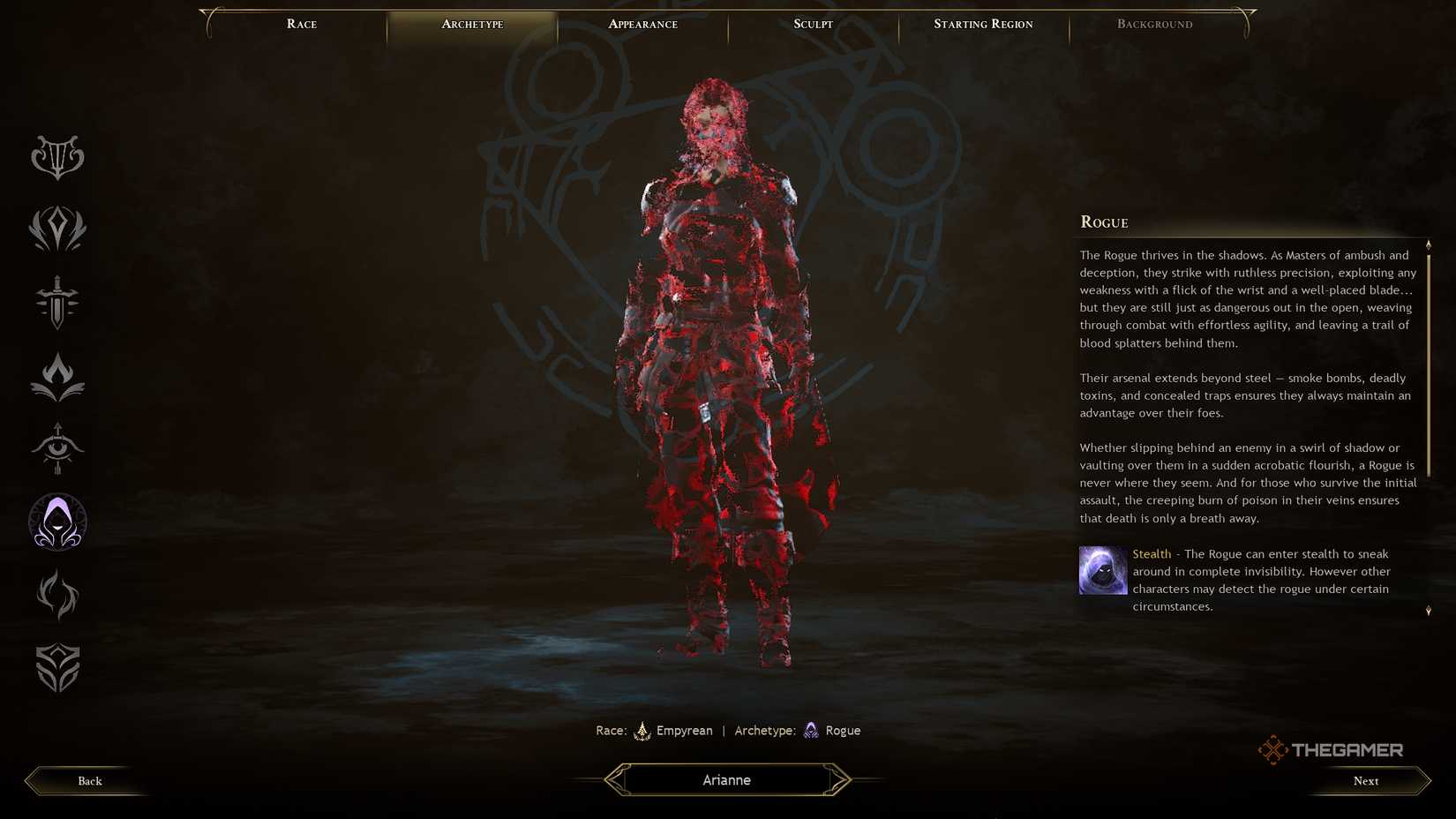 Ashes of Creation Character Creation rogue menu.