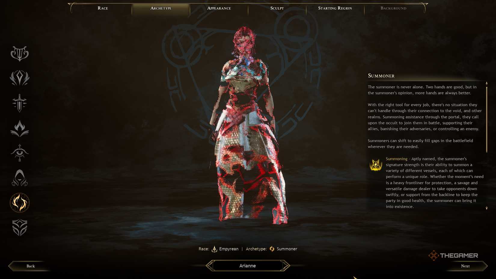 Ashes of Creation Character Creation summone menu.