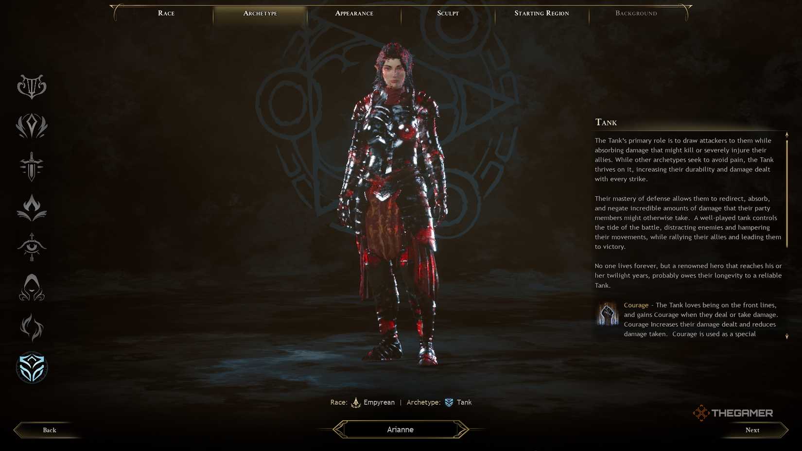 Ashes of Creation Character Creation tank menu.