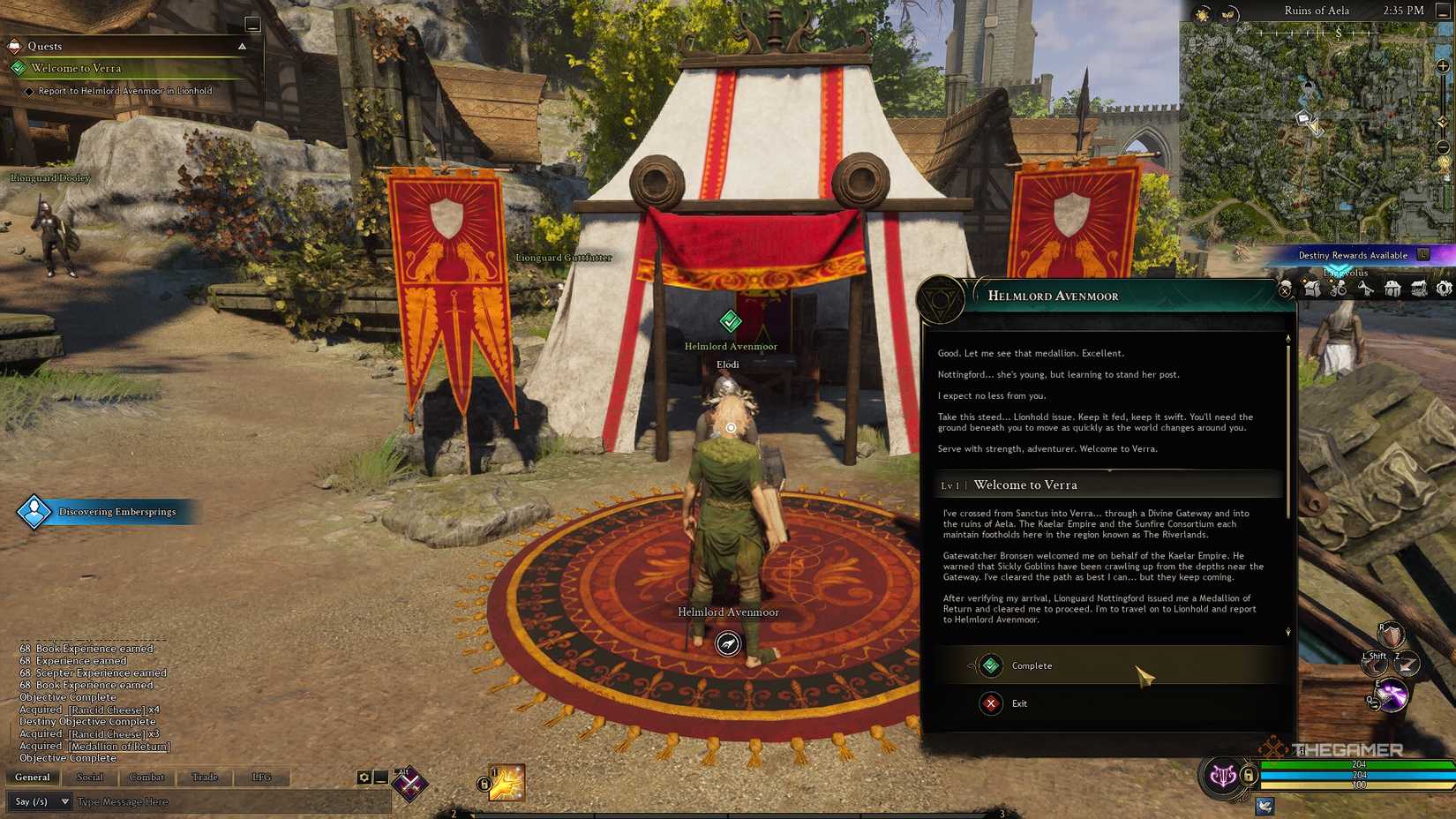 Ashes of Creation Completing a quest at a tent in Lionhold.