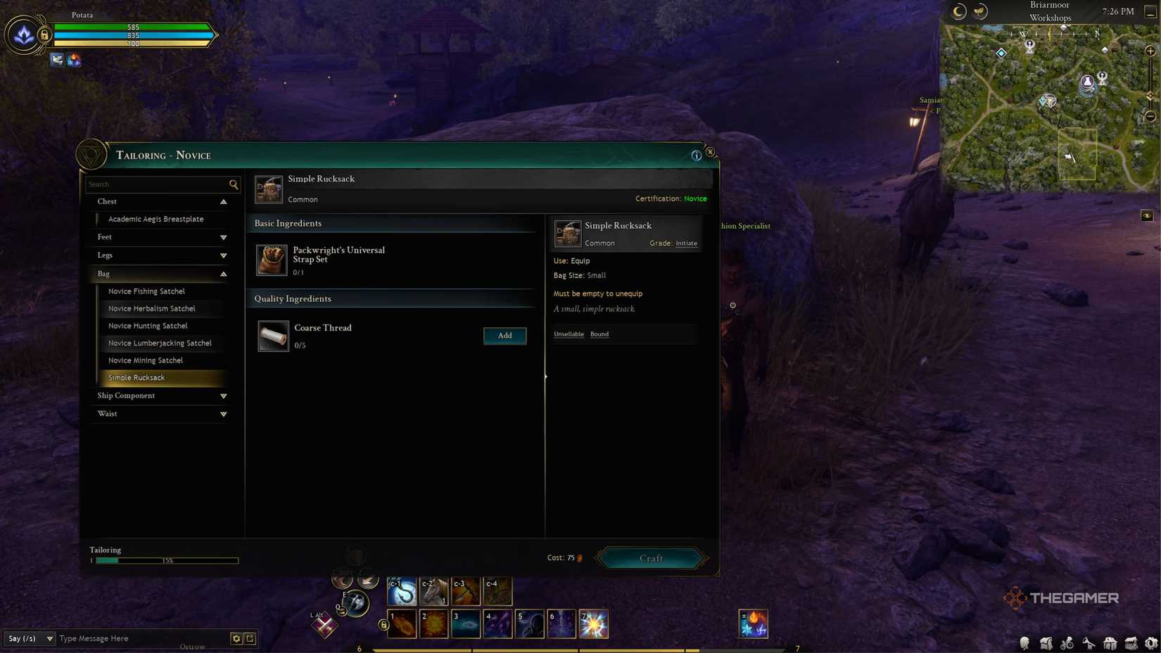 Ashes Of Creation crafting Simple Rucksack at tailoring place.