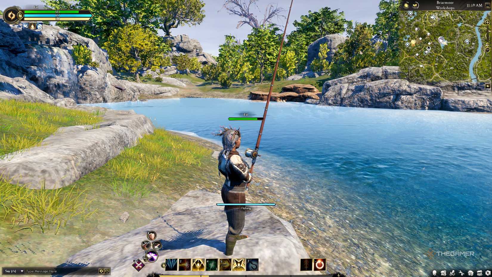 Ashes of Creation fishing at the lake with a rod.