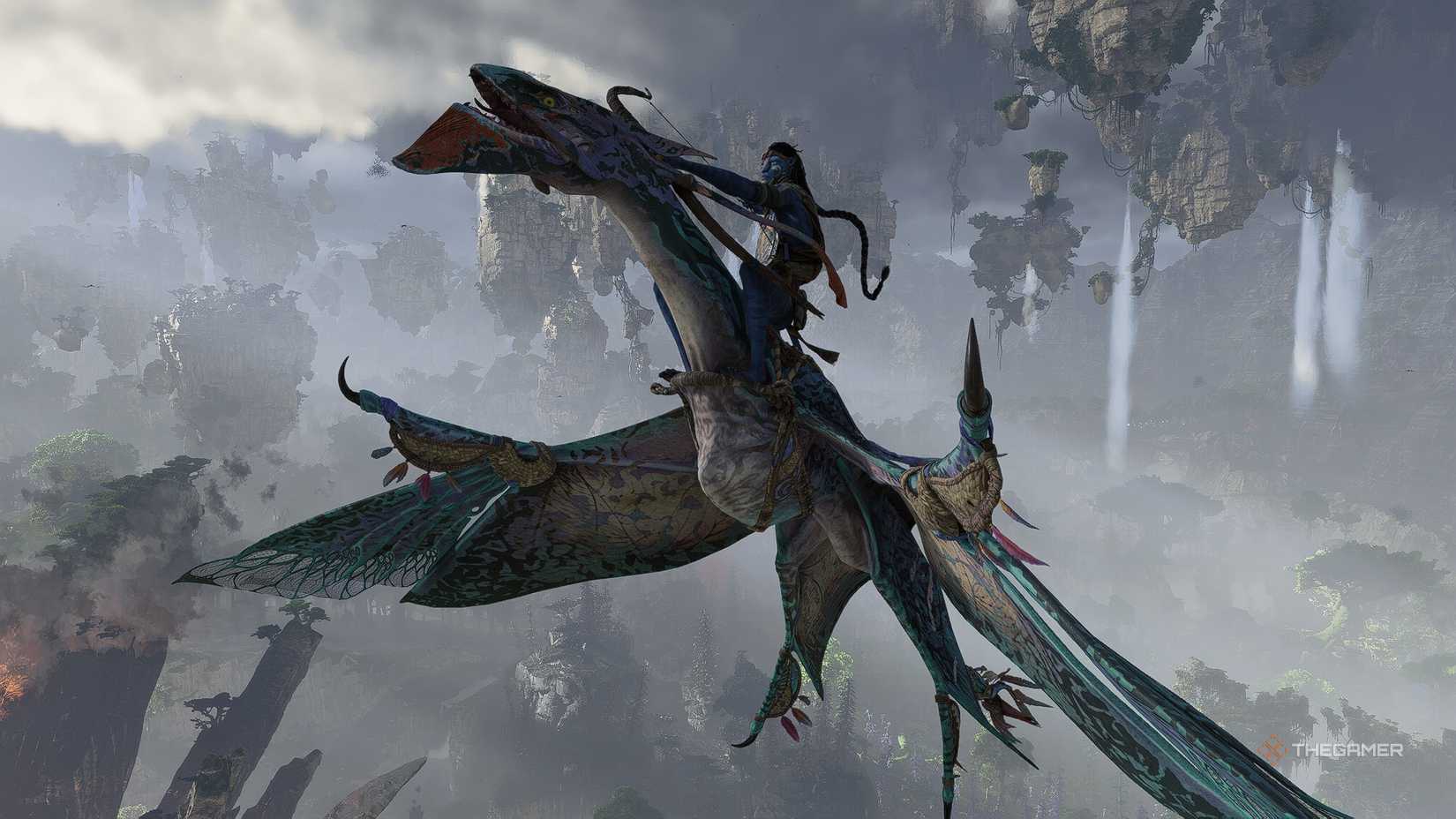 So'lek and Iley flying through an ash forest.