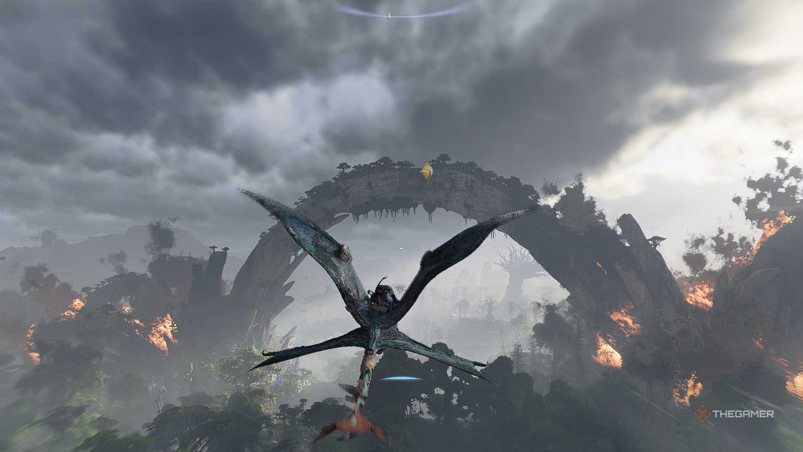 Avatar Frontiers of Pandora So'lek flying towards the stone arch overlooking the hometree in smoke.