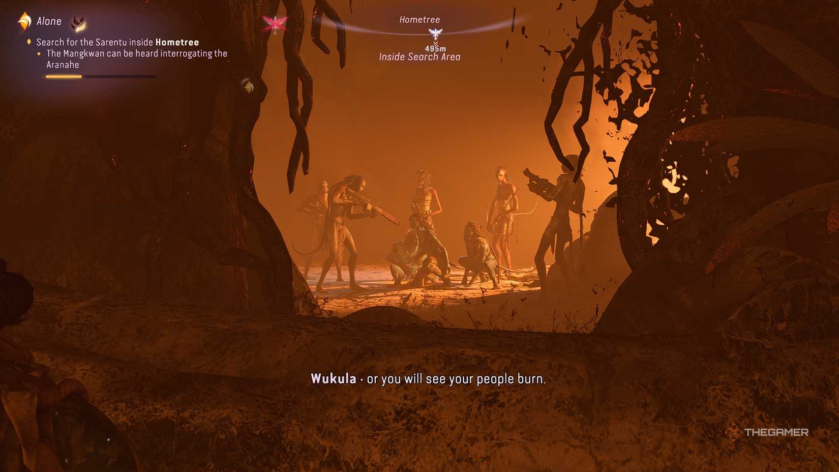 Avatar Frontiers of Pandora The Aranahe being interrogated by the Mangkwan in a burning Hometree.