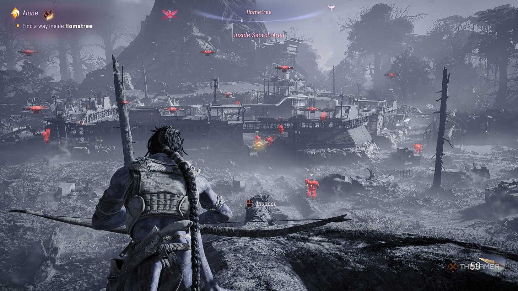 Avatar Frontiers of Pandora The hometree in flames while RDA units are highlighted in red all around it.