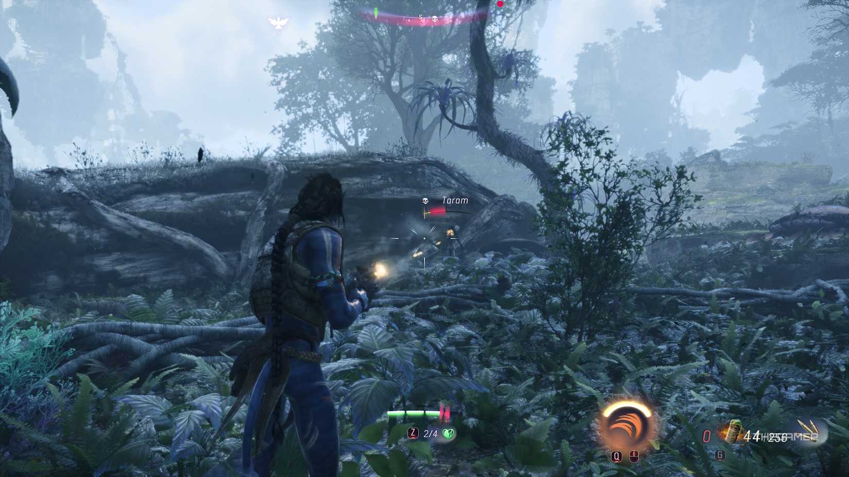 Avatar_ Frontiers of Pandora™ Attacking Taram from a distance in the jungle.